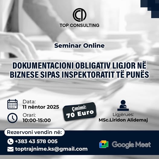 Seminar online – Dokumentacioni obligativ ligjor në biznese sipas Inspektoratit të Punës